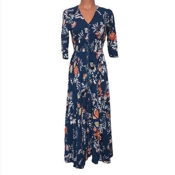 Jaase Mia Maxi Dress In Miak Print Smocked Waist 3/4 Sleeve Blue Size Small - Picture 3 of 10